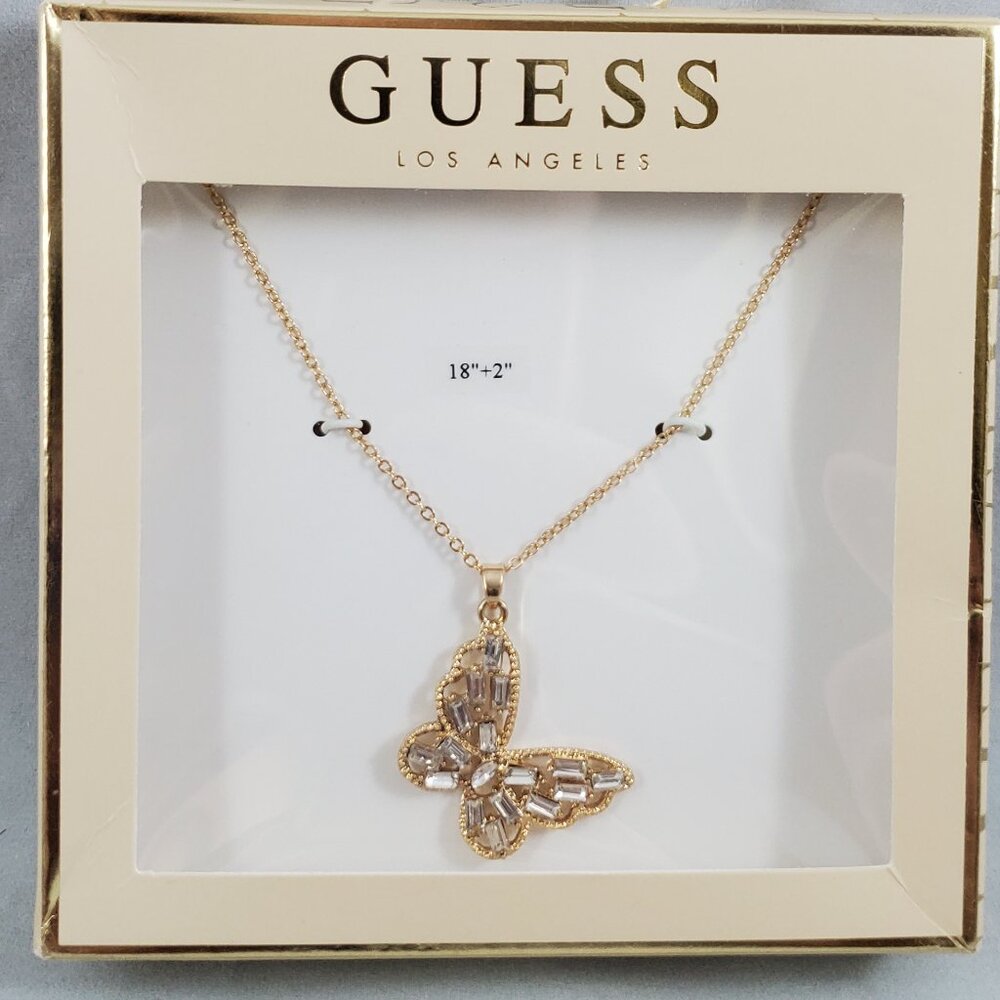 Guess Gold Tone Butterfly Pendant Necklace Small Crystal Accent Fashion 18in